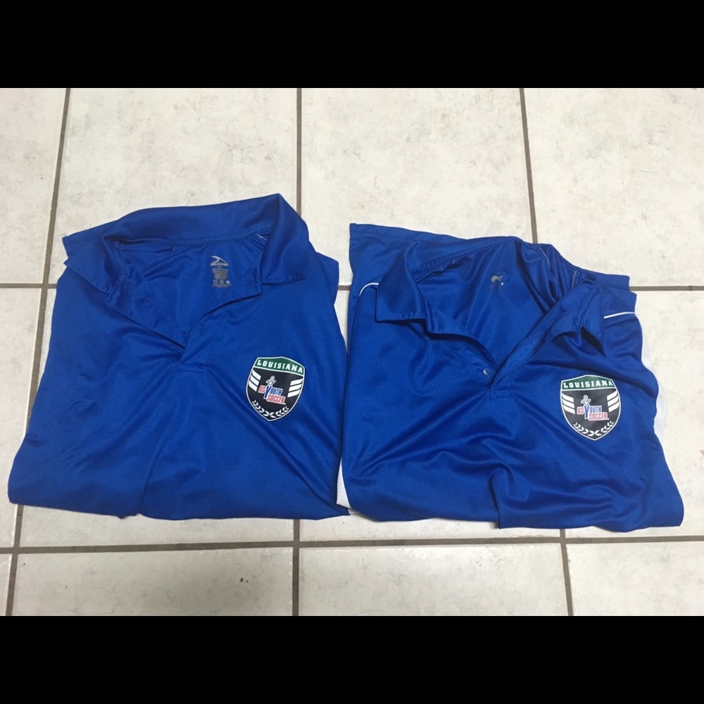 Men’s XL pair SCORE royal blue polo shirts